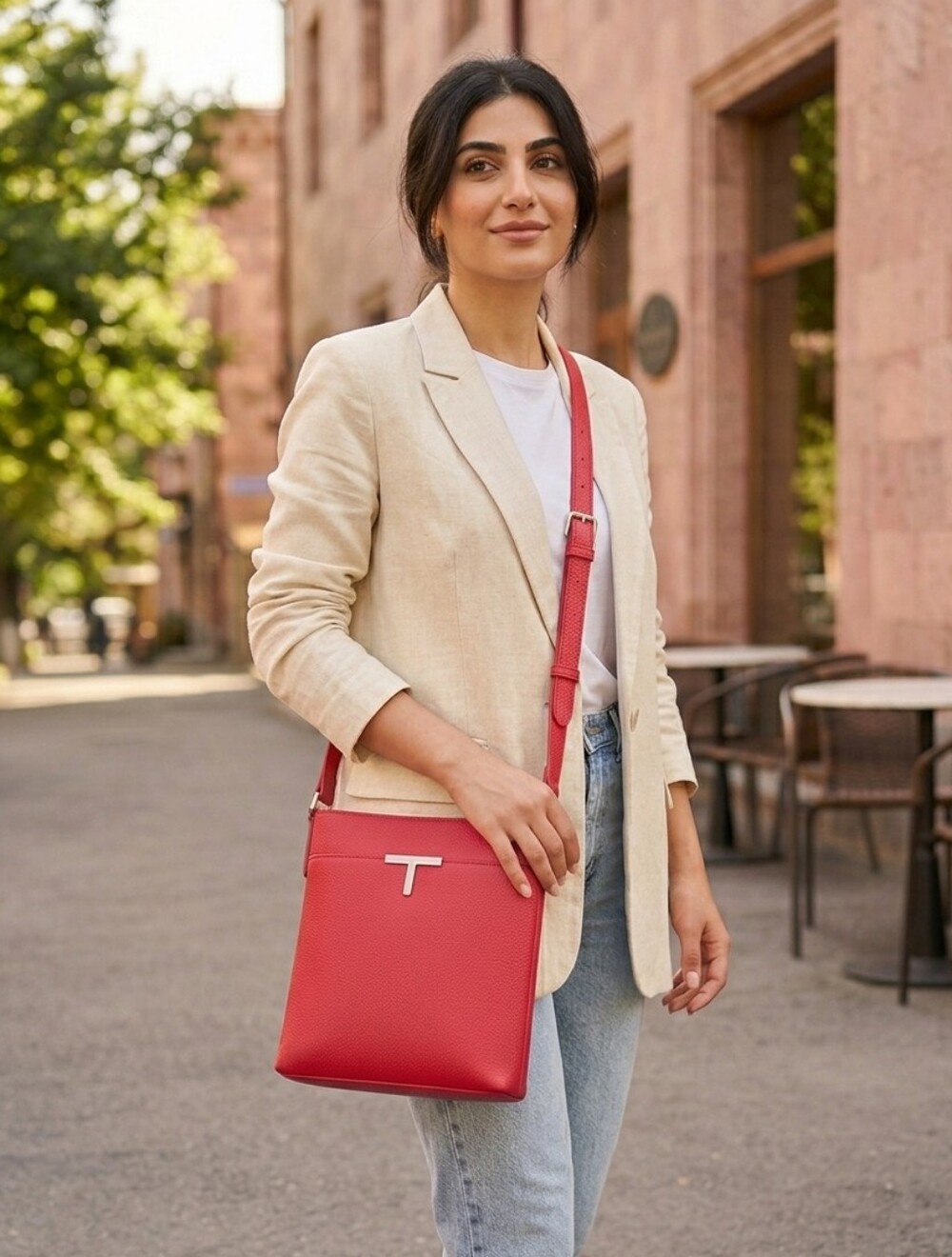 Tahari Crossbody Bag in Punch Red -  Canal Pebble Multi Pocket Messenger Bag NWT